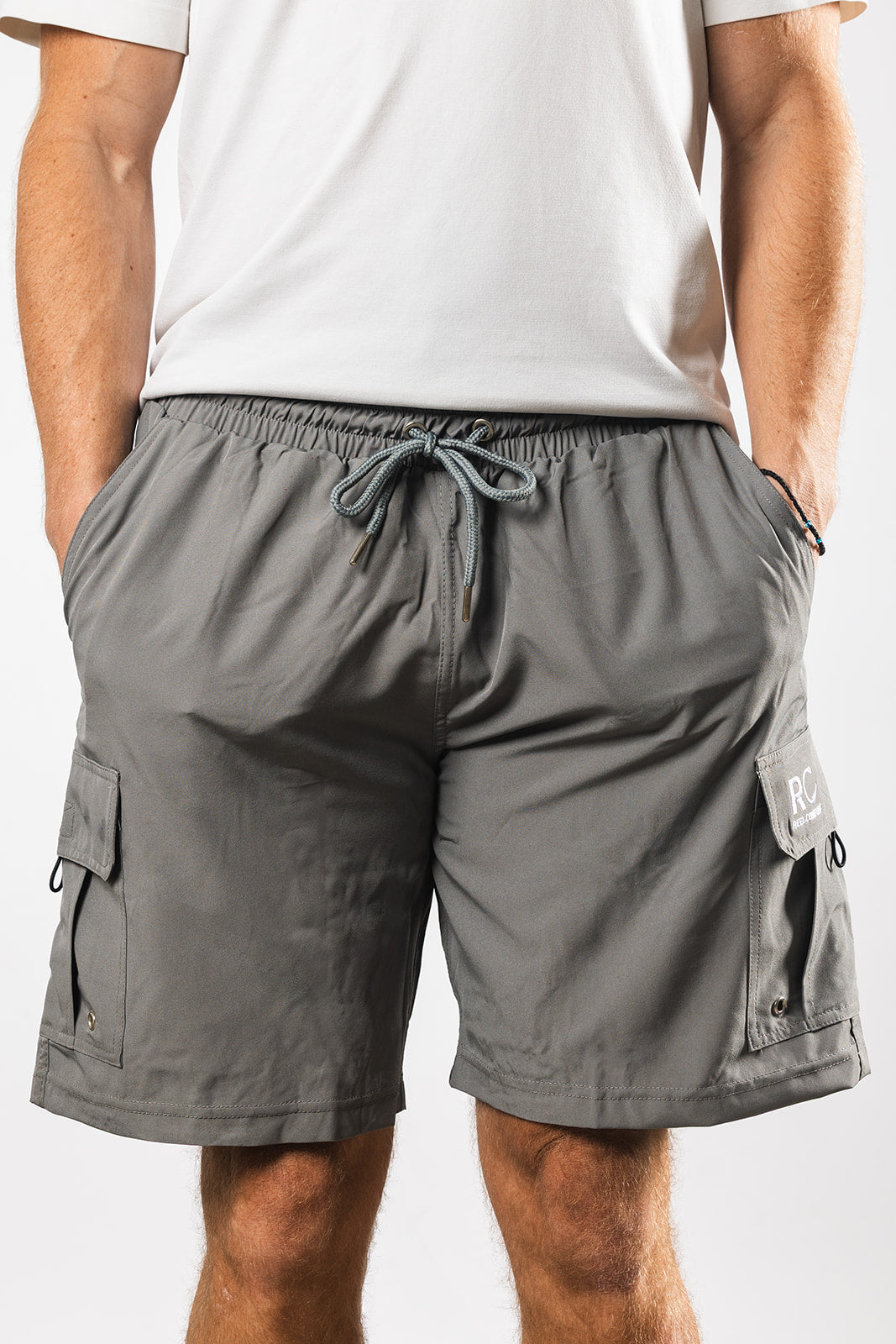 Man with hands in Gray Padded Men's Fishing Shorts